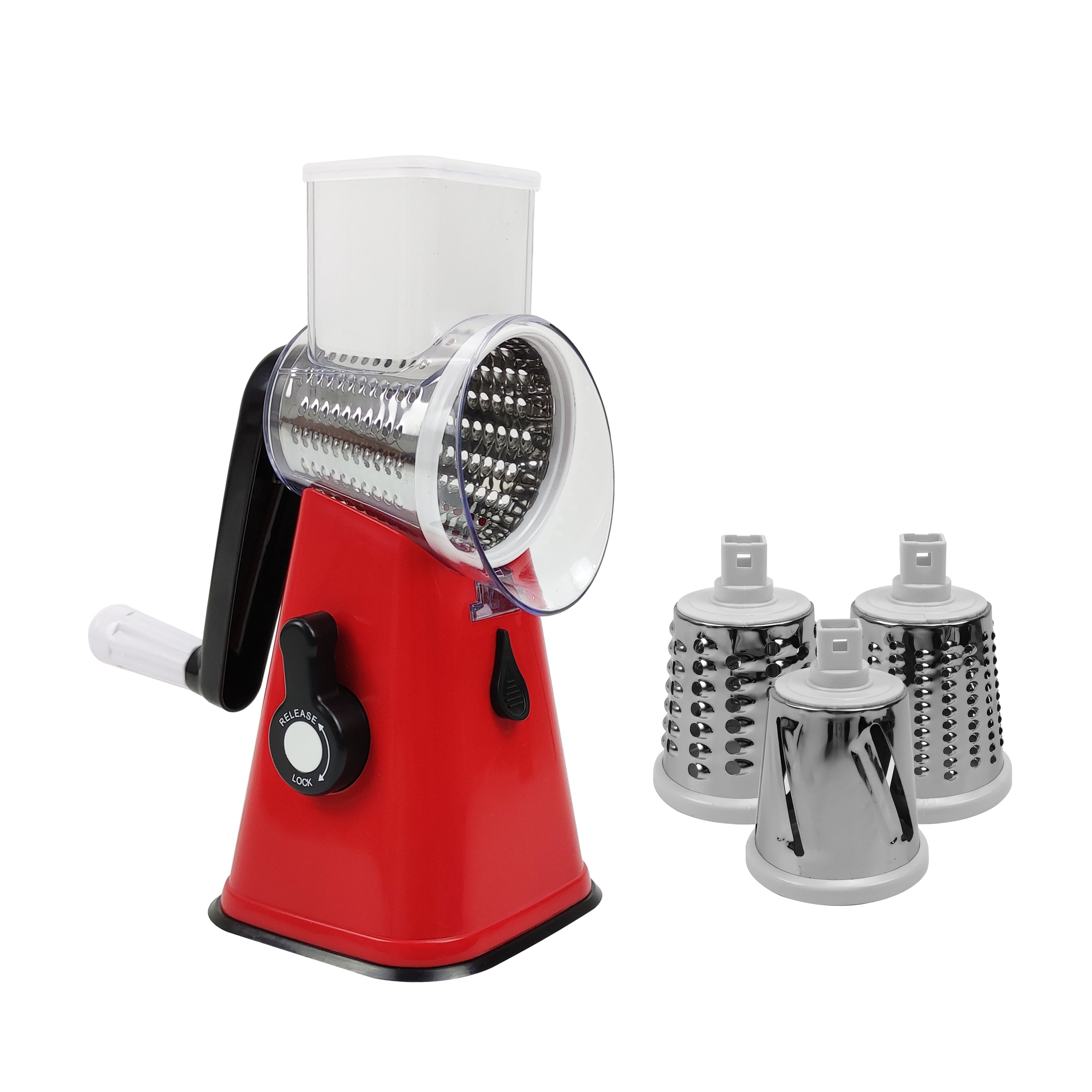 AMOS Rotary Multifunction Cheese Grater, Vegetable Fruit Slicer with Three Stainless Steel Drum Blades