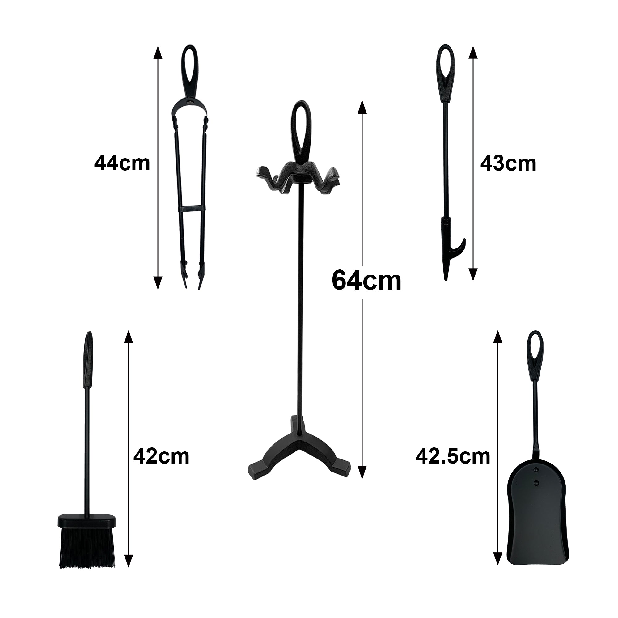 AMOS 5 Piece Metal Fireplace Tool Set with Tong, Poker, Shovel and Broom - Black