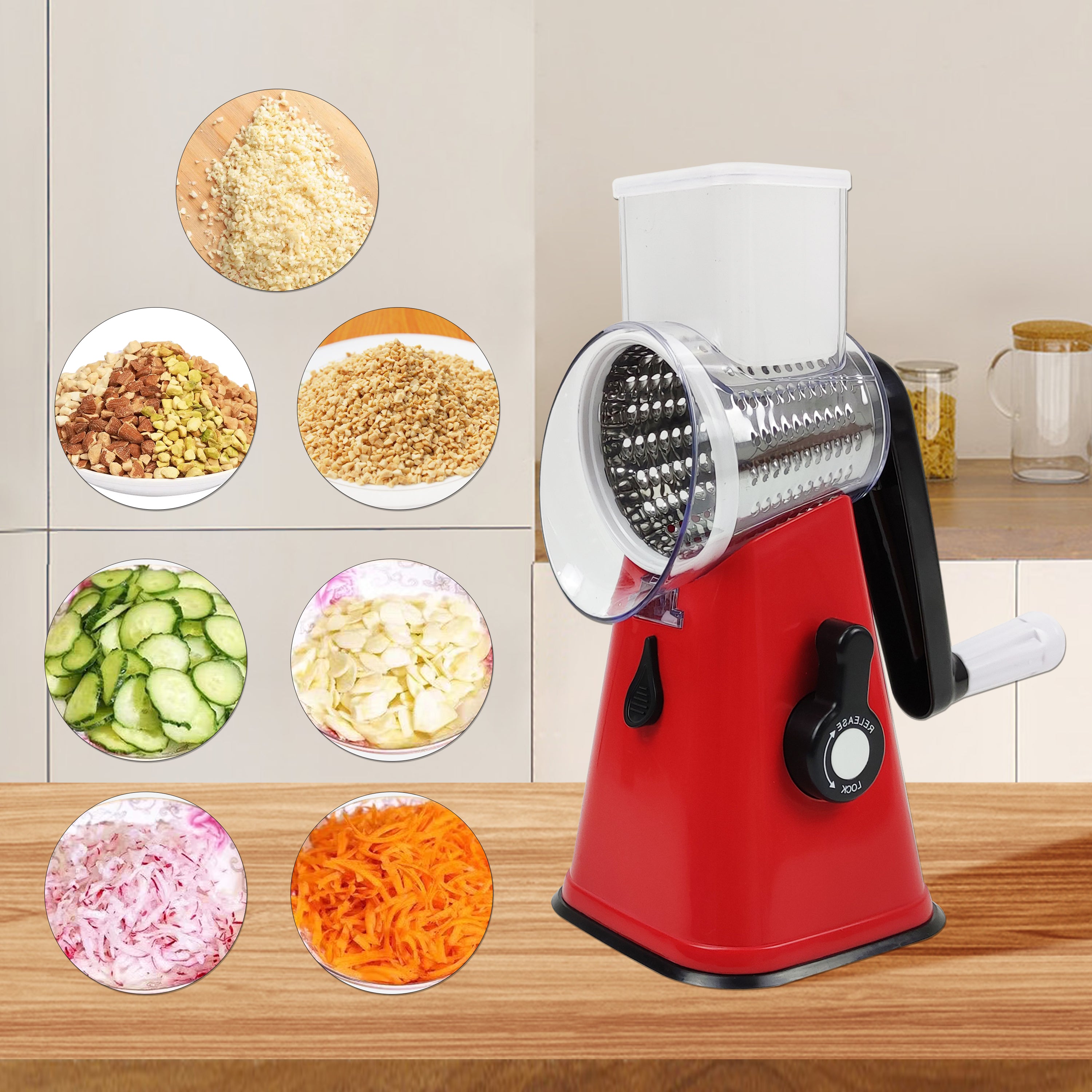AMOS Rotary Multifunction Cheese Grater, Vegetable Fruit Slicer with Three Stainless Steel Drum Blades