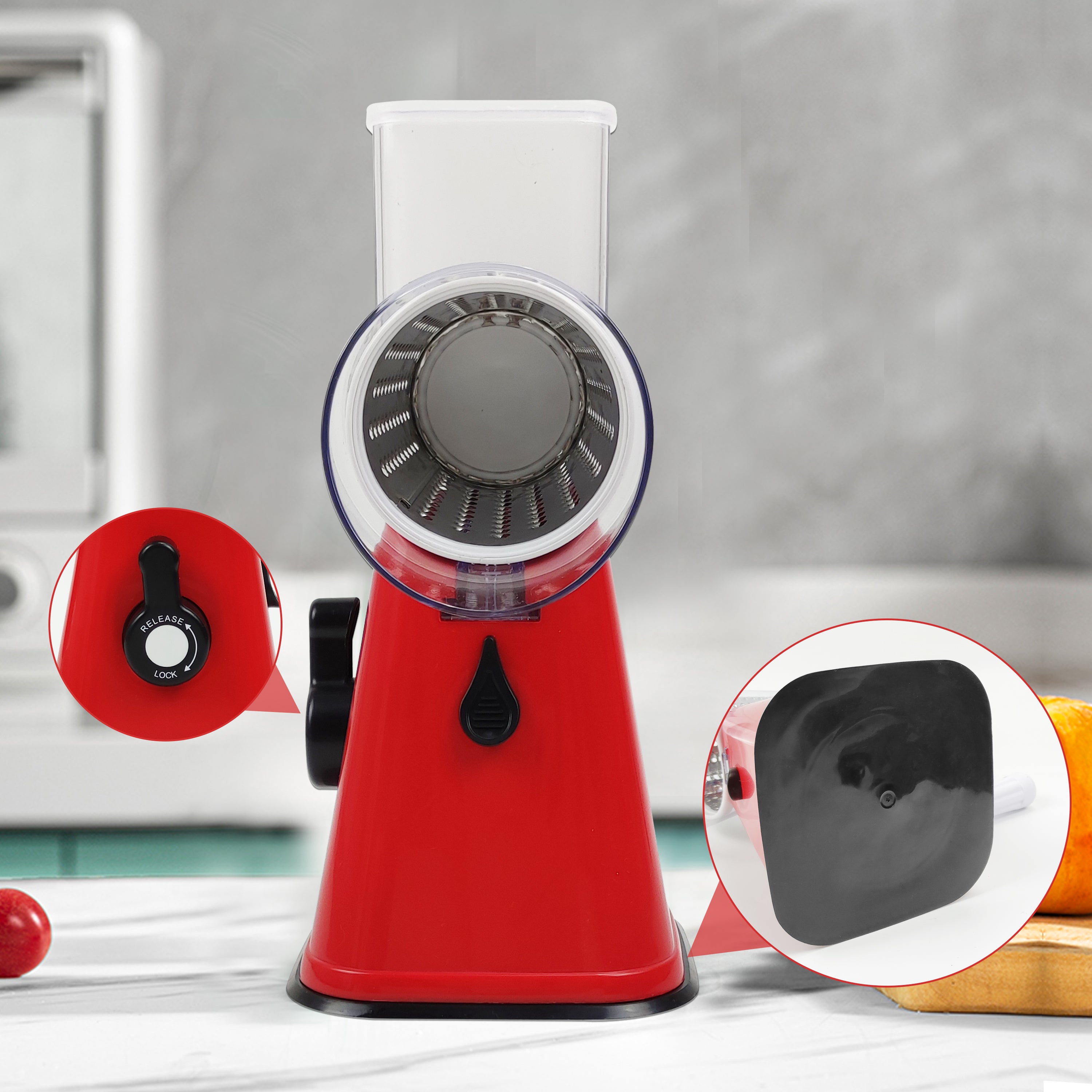 AMOS Rotary Multifunction Cheese Grater, Vegetable Fruit Slicer with Three Stainless Steel Drum Blades