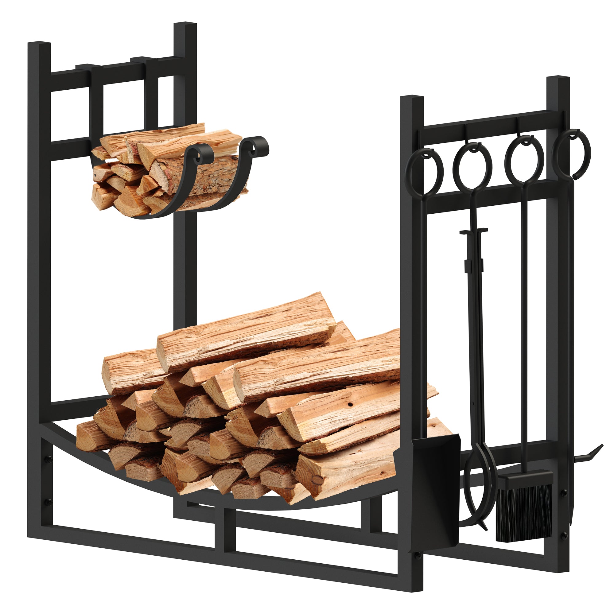 AMOS Large Wide Firewood Stand Log Rack Holder with 4 Piece Fireplace Tools Set