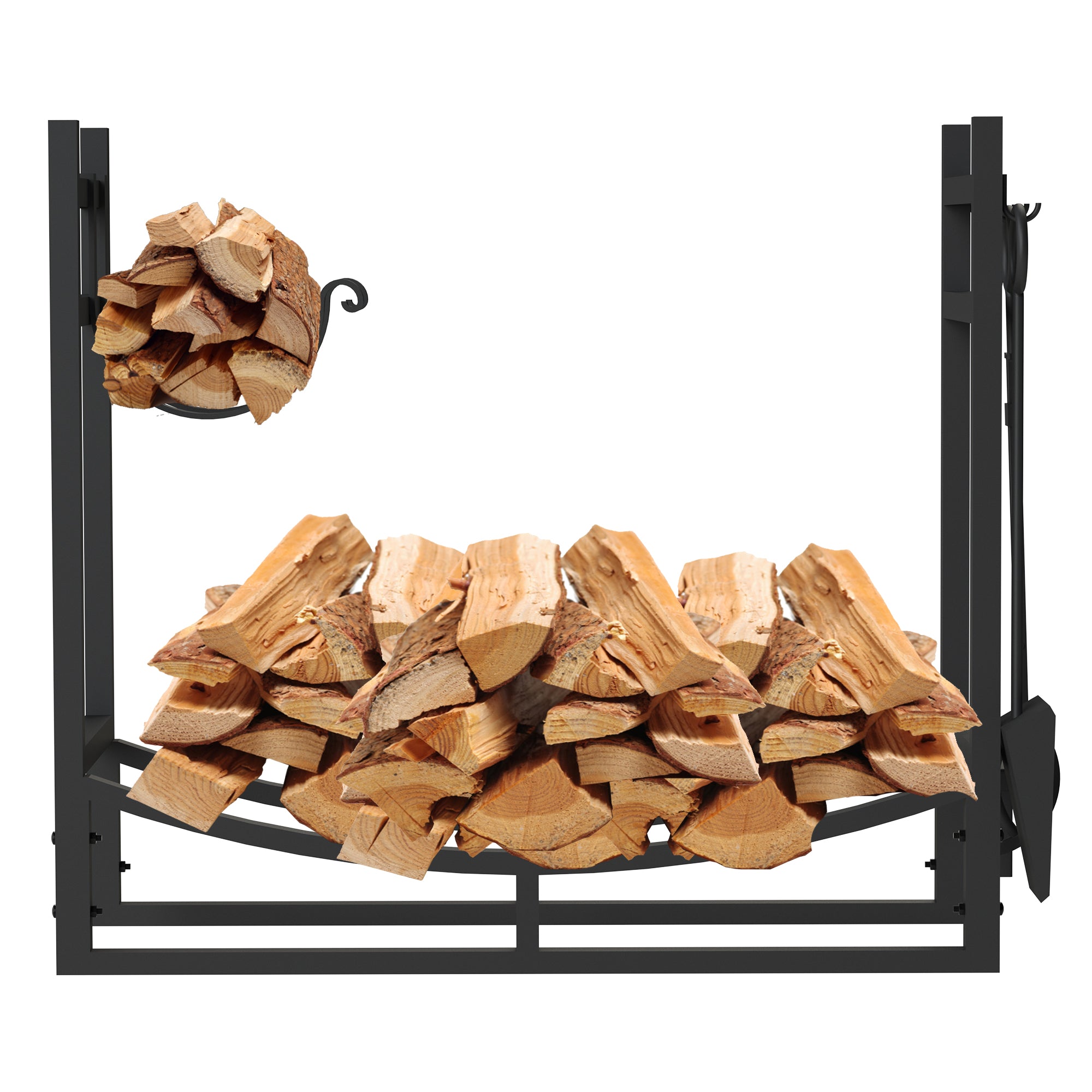 AMOS Large Wide Firewood Stand Log Rack Holder with 4 Piece Fireplace Tools Set