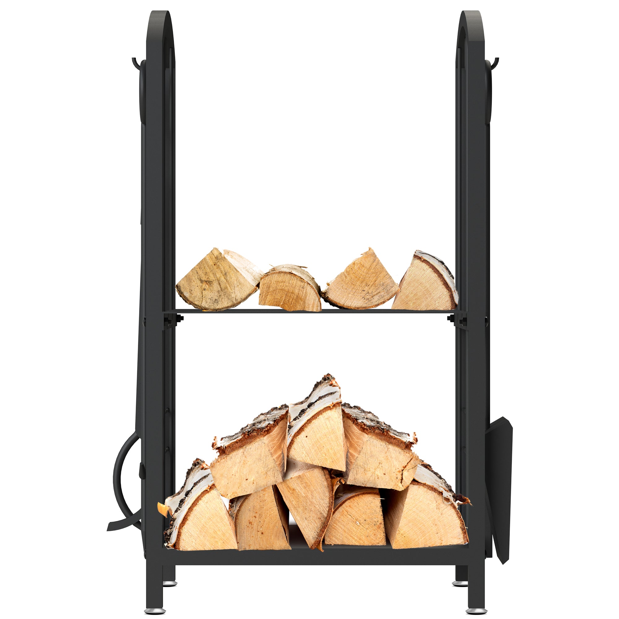 AMOS Firewood Stand Log Rack Holder with 4 Piece Fireplace Tools Set Black