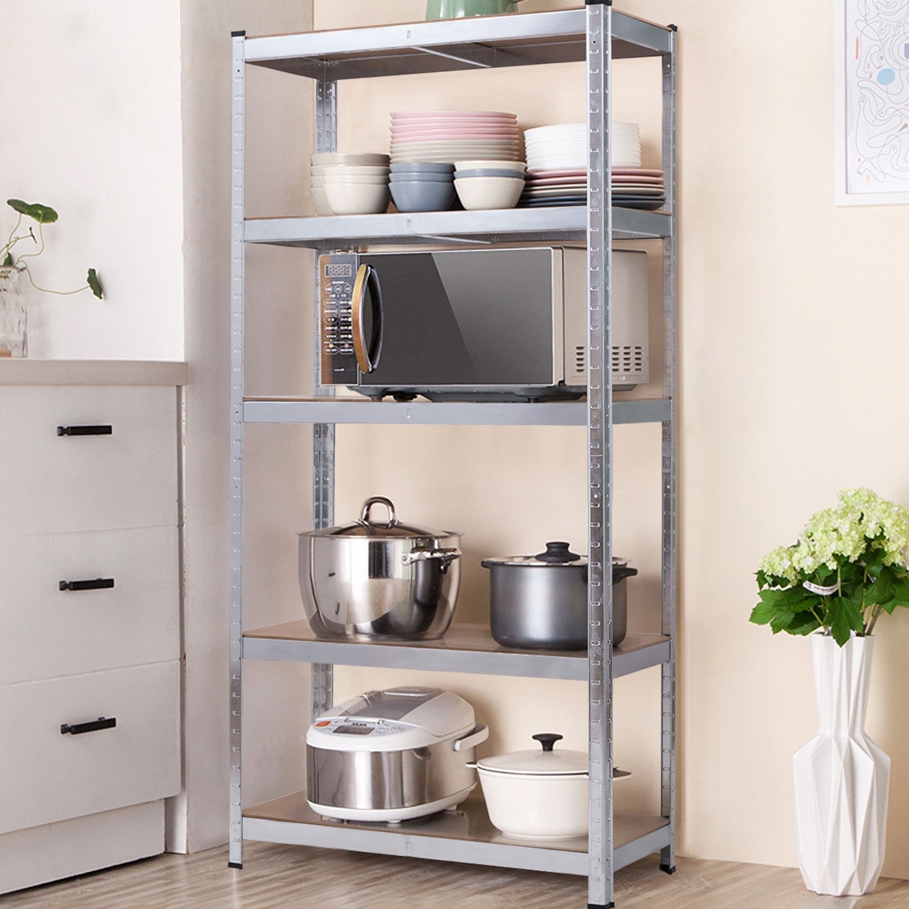 AMOS 5 Tier Heavy Duty Industrial Storage Shelving Units With Adjustable Shelf Height - Galvanized Steel or Black Powder Coated Frames