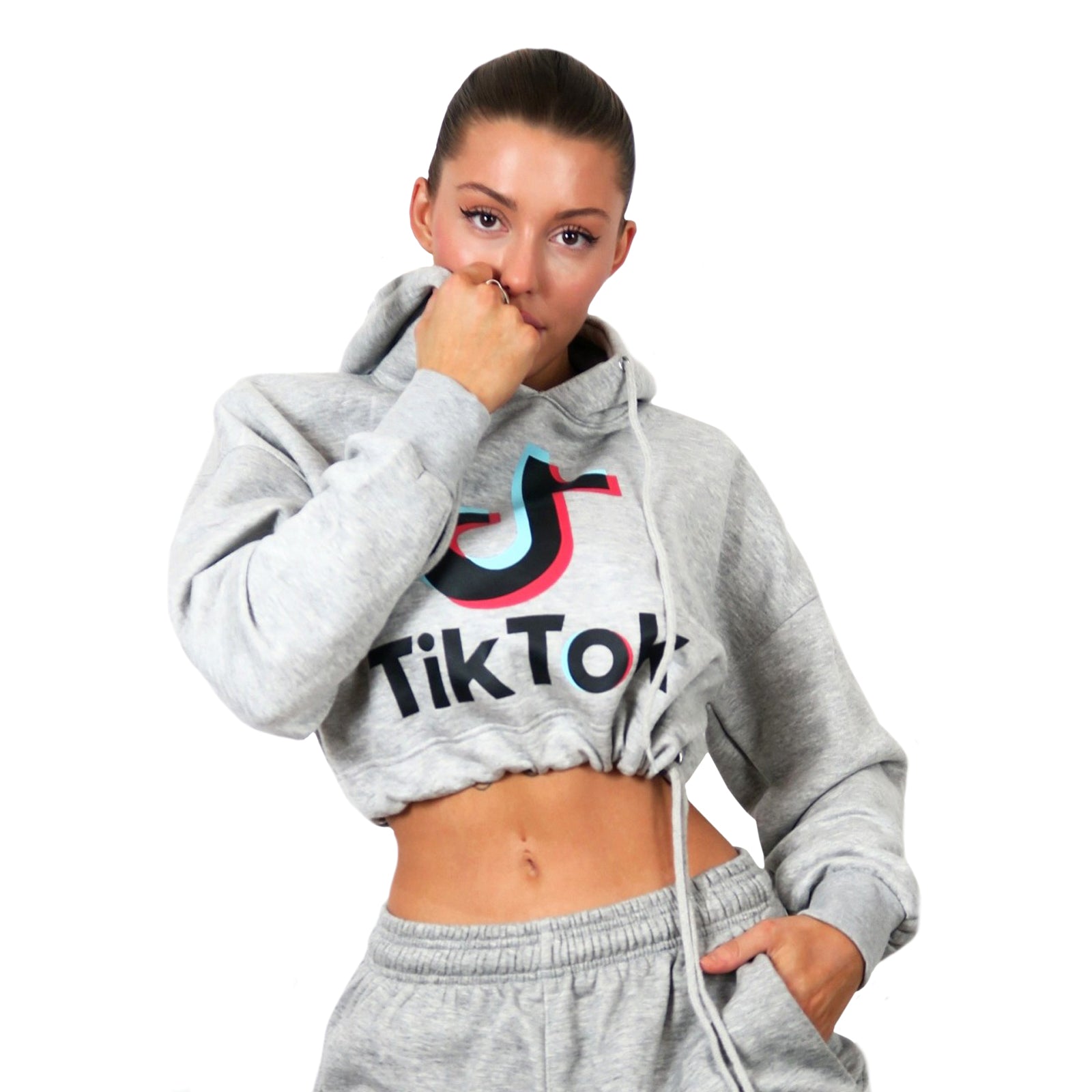 Ladies Womens Tik Tok Logo Print Oversize Baggy Cropped Hoodie