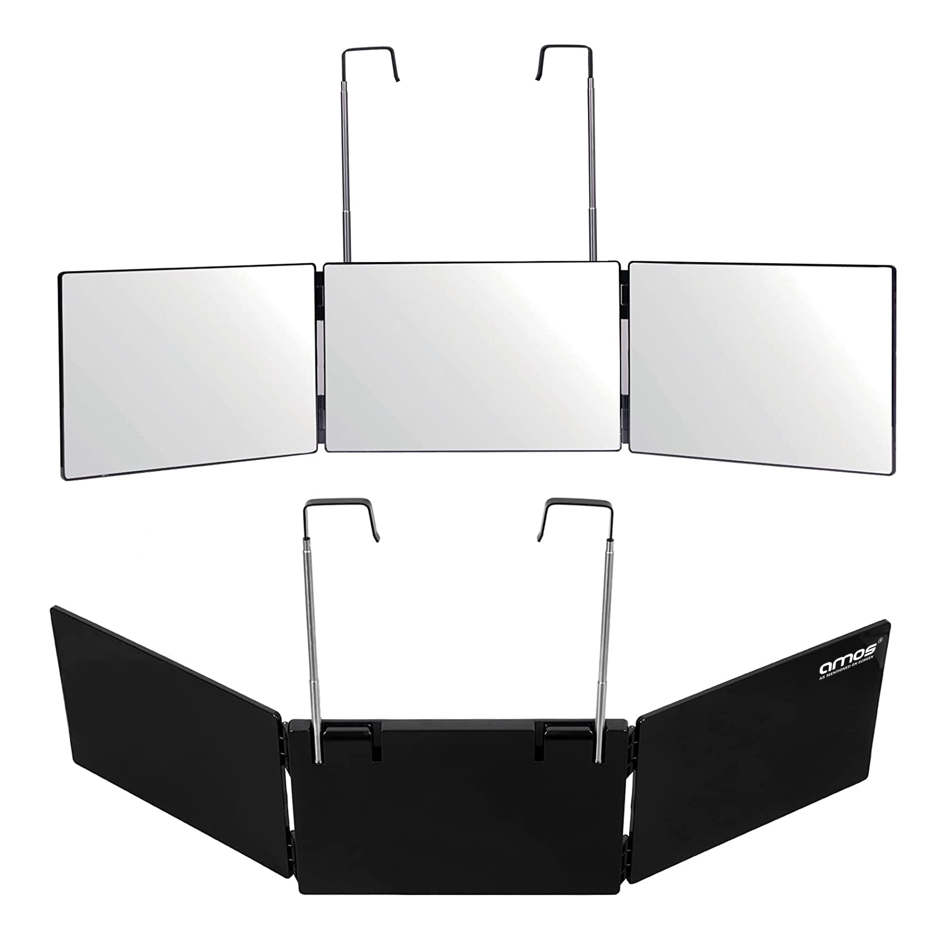 AMOS 3 Way Trifold Mirror 360 Degree View With Height Adjustable Telescopic Hooks - Perfect For Shaving Hair Cutting Makeup